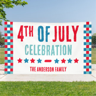 Red White Blue Tartan Plaid 4th of July Party Banner