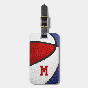 red white blue team colours monogram basketball luggage tag
