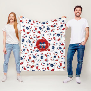 red white blue team colours soccer balls pattern fleece blanket