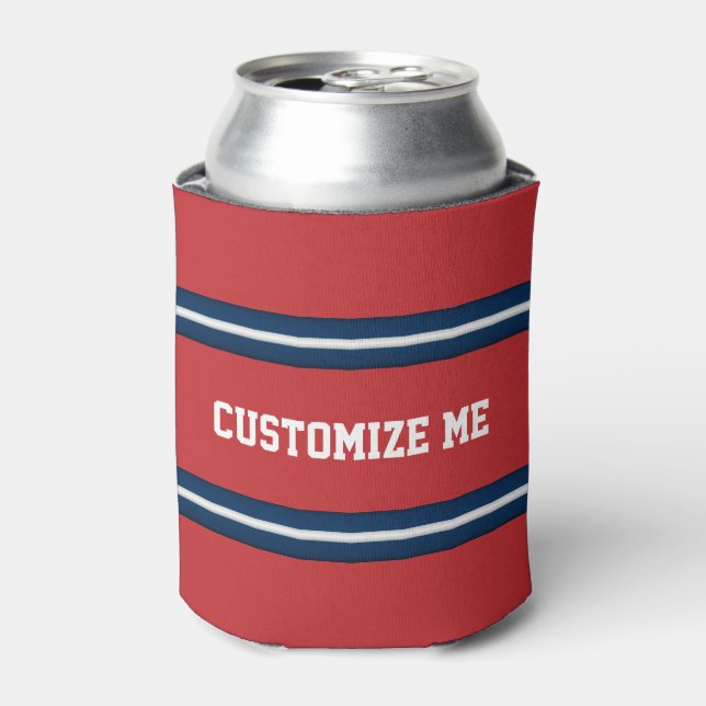 Red White Blue Team Jersey Stripes to Personalise Can Cooler (Can Front)