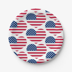 Red White Blue USA Flag Hearts 4th July Patriotic Paper Plate