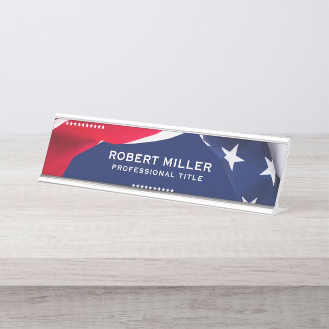 Red White & Blue-USA Flag Stars And Stripes 4 Desk Name Plate (Front)