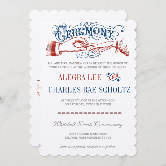 Red White Blue Victorian Typography Invitation (Front/Back)