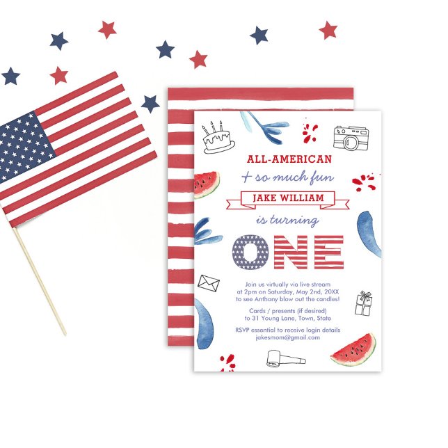 Red White Blue Virtual 1st Birthday Party By Mail Invitation (Creator Uploaded)