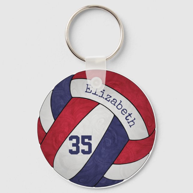 red white blue volleyball keychain w name number (Front)
