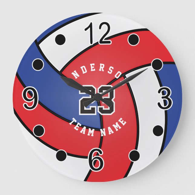 Red, White & Blue Volleyball Style with DIY Text Large Clock (Front)