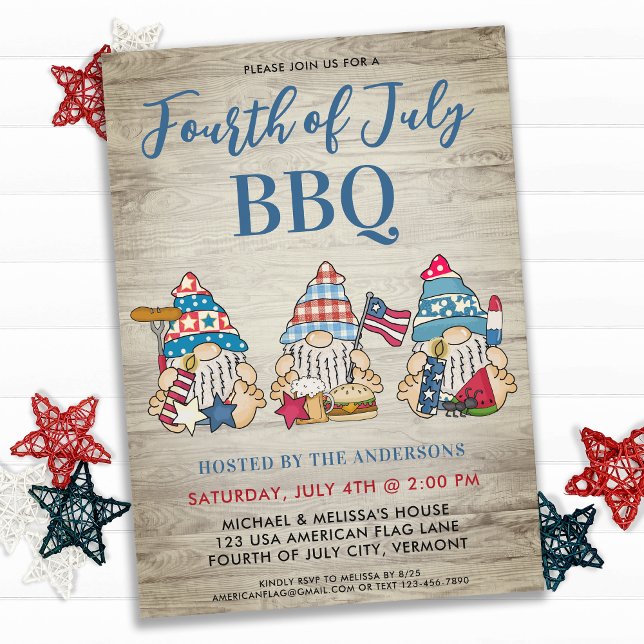 Red White Blue Whimsical Gnomes Fourth Of July BBQ Invitation (Creator Uploaded)