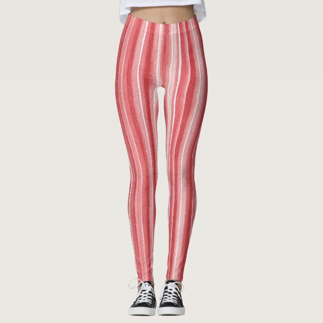 Red White Blush Pink Stripes Leggings (Front)
