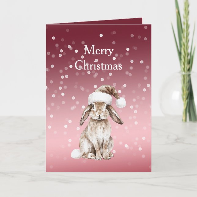 Red White Bokeh Dots Christmas Bunny Rabbit Hat Card (Front)