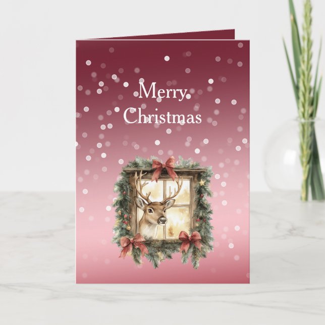 Red White Bokeh Dots Christmas Deer in Window Card (Front)