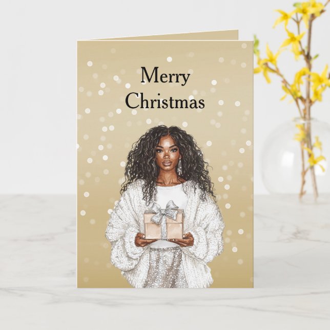 Red White Bokeh Dots Christmas Pretty Black Girl Card (Yellow Flower)