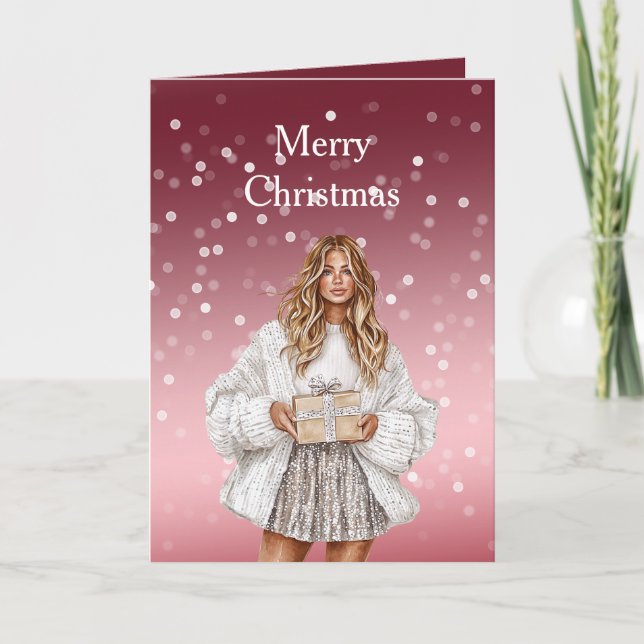 Red White Bokeh Dots Christmas Pretty Blond Girl Card (Front)