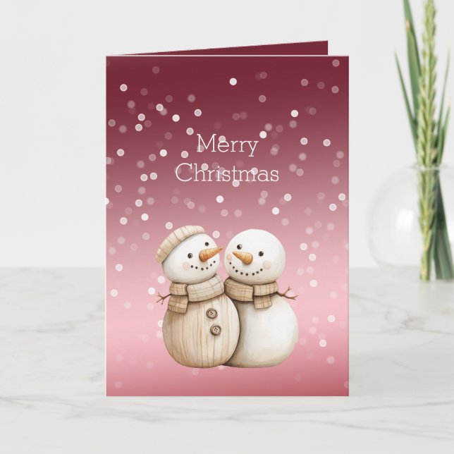 Red White Bokeh Dots Snowman Christmas Card (Front)