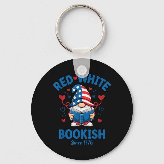Red White Bookish Patriotic Reading Gnome Key Ring (Front)