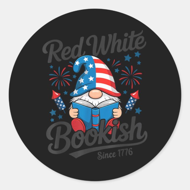 Red White Bookish Since 1776 Gnome Reader Classic Round Sticker (Front)