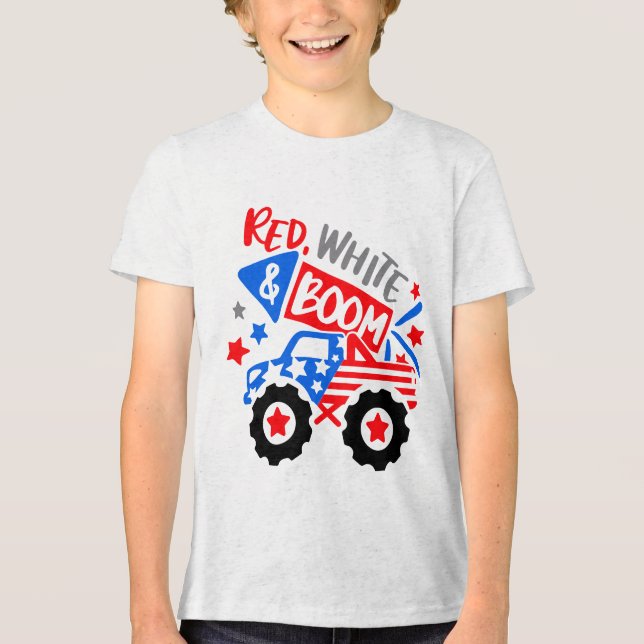 RED WHITE & BOOM Firecracker Monster Truck Tri-Blend Shirt (Front)