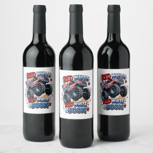 Red White Boom Monster Truck Wine Label