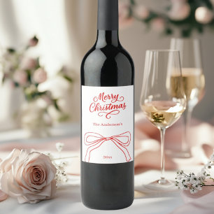 Red white bow coquette doodle Christmas Wine Label