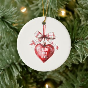 Red White Bow Heart Ceramic Tree Decoration