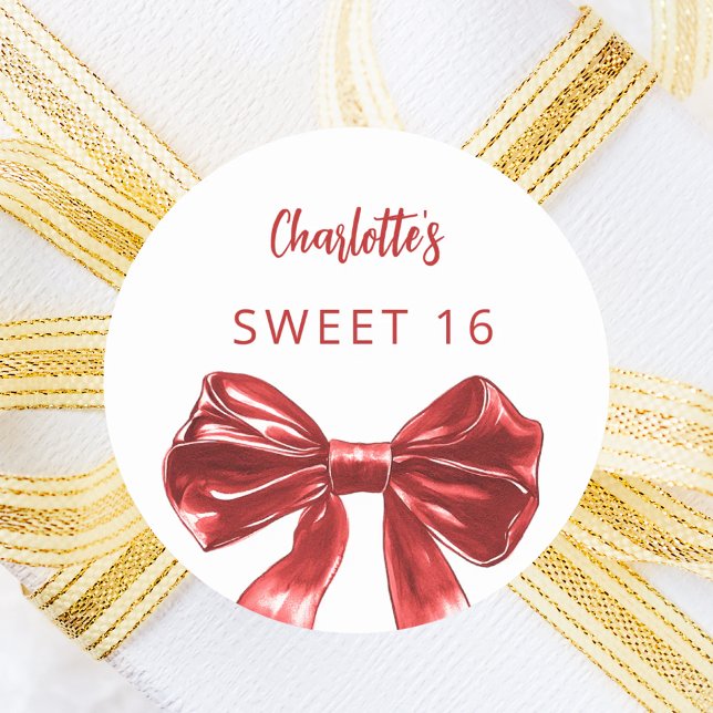 Red white bow Sweet 16 Classic Round Sticker (Creator Uploaded)