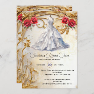 Red white bridal gown roses luxurious flowers invitation