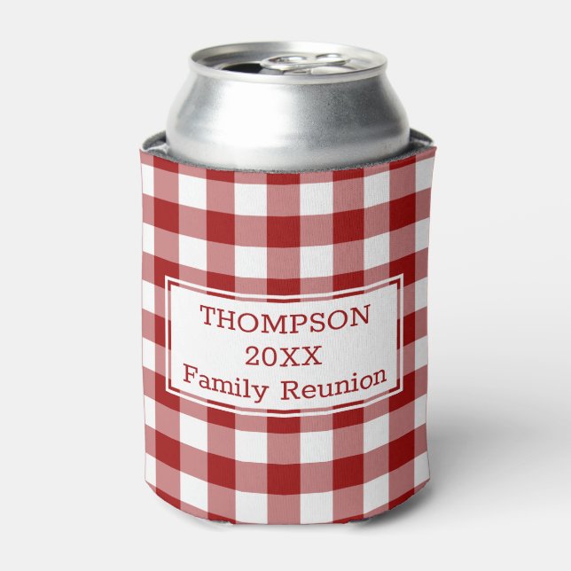 Red White Buffalo Check Custom Name Family Reunion Can Cooler (Can Front)