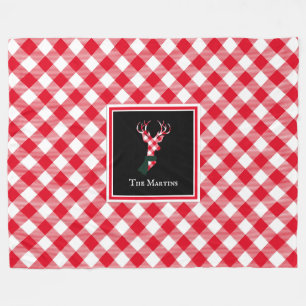 Red & White Buffalo Plaid Reindeer Personalised Fleece Blanket