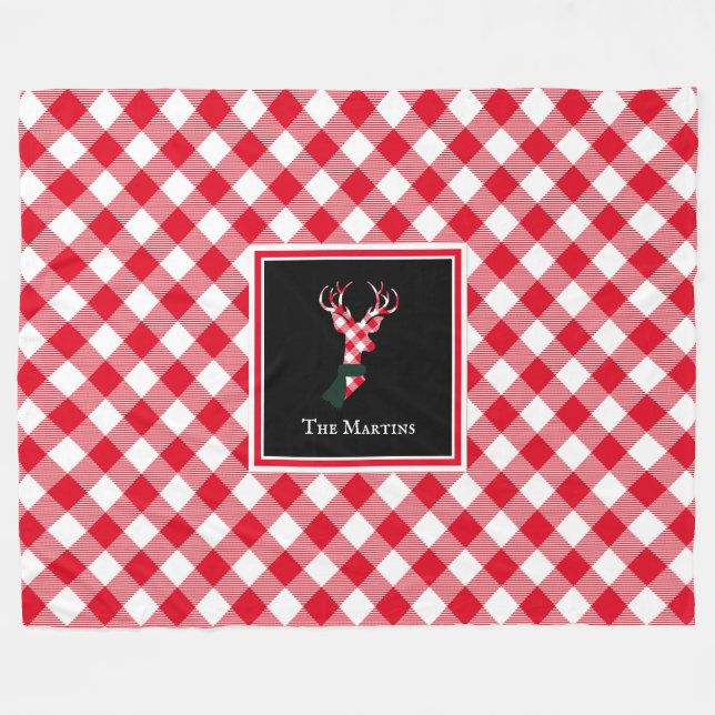 Red & White Buffalo Plaid Reindeer Personalised Fleece Blanket (Front (Horizontal))