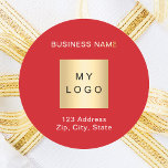Red white business logo name address  classic round sticker<br><div class="desc">A red background,  white text.  Personalise and add your business name,  logo and address or text.</div>