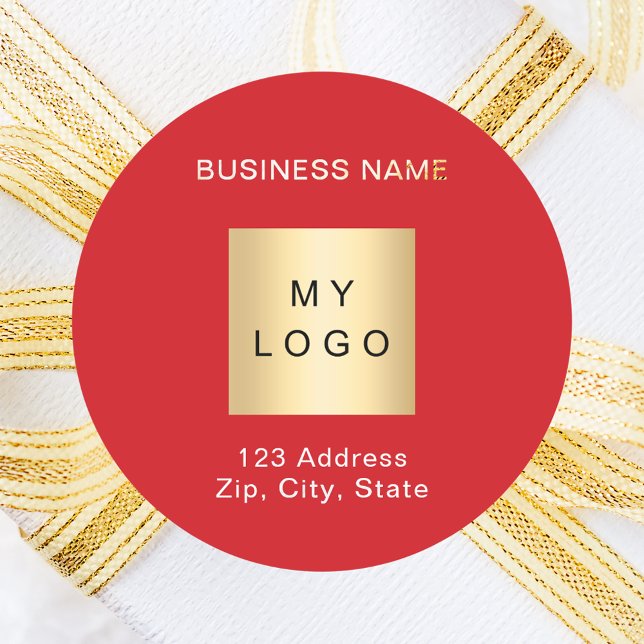 Red white business logo name address  classic round sticker (Creator Uploaded)