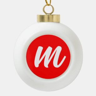 Red White Calligraphy Monogram Initial Letter Ceramic Ball Christmas Ornament