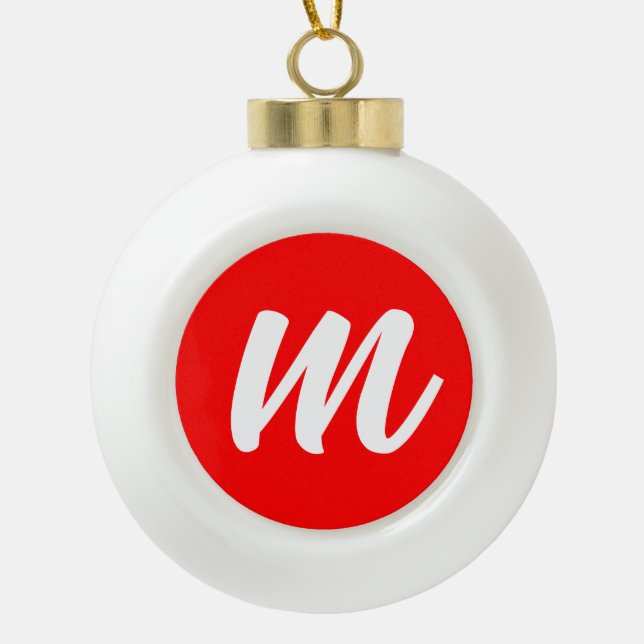 Red White Calligraphy Monogram Initial Letter Ceramic Ball Christmas Ornament (Front)
