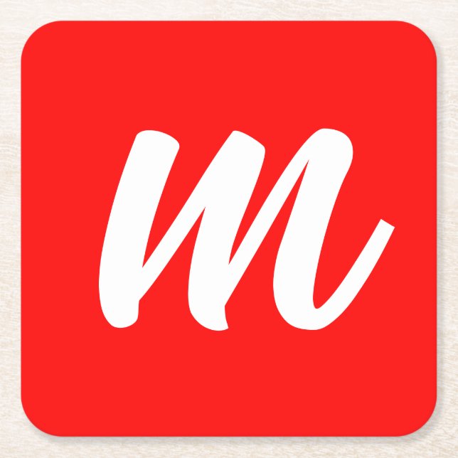 Red White Calligraphy Monogram Initial Letter Square Paper Coaster (Front)