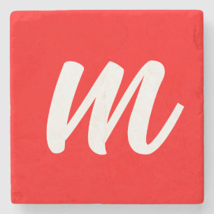 Red White Calligraphy Monogram Initial Letter Stone Coaster