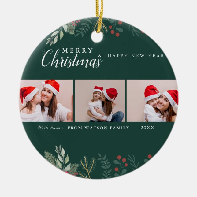 Red & White Candy Cane Holiday Photo Collage Ceram Ceramic Tree Decoration (Front)