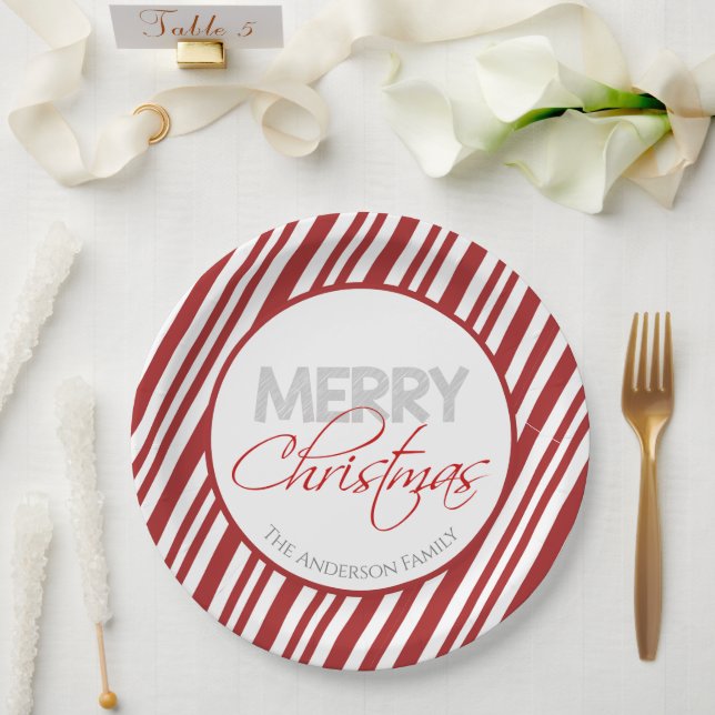 Red & White Candy Cane Stripe Paper Plate (Wedding)