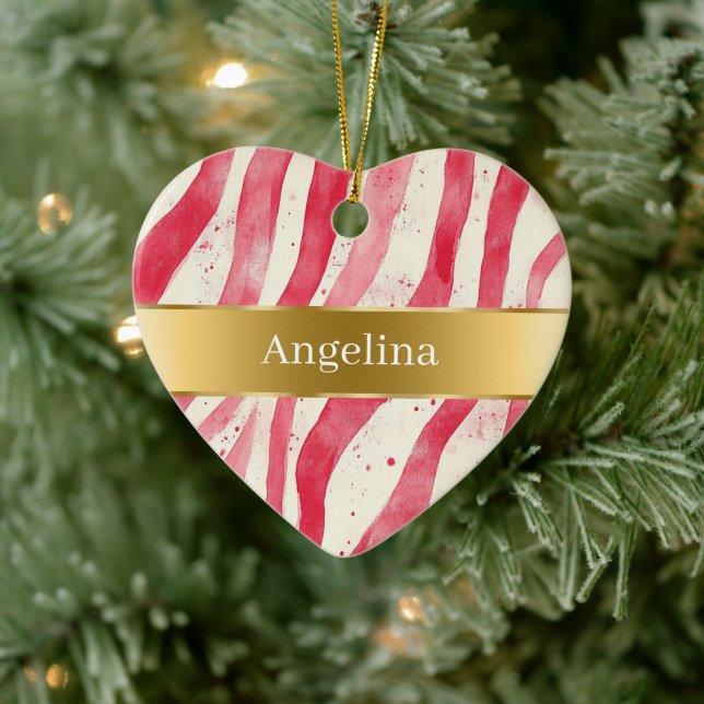 Red White Candy Cane Stripes Gold Ribbon Christmas Ceramic Tree Decoration (Tree)