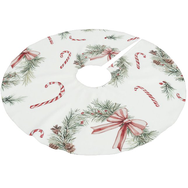 Red White Candy Canes Christmas Wreaths Brushed Polyester Tree Skirt (Angled)