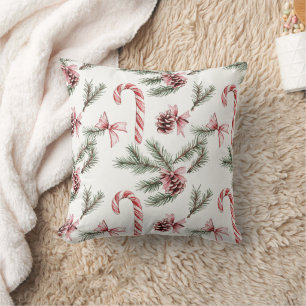 Red White Candy Canes Pine Cones Christmas Cushion