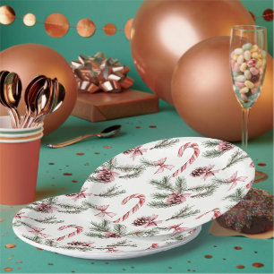 Red White Candy Canes Pine Cones Christmas Paper Plate