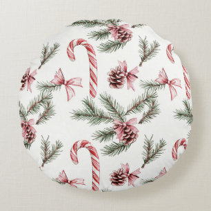 Red White Candy Canes Pine Cones Christmas Round Cushion