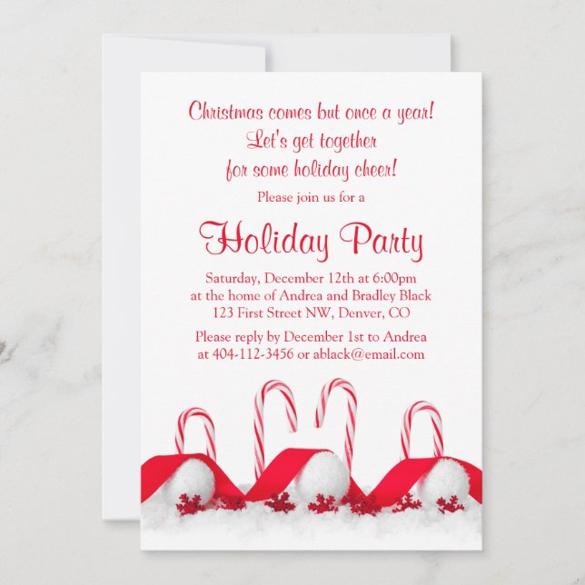 Red White Candy Canes Snowballs Christmas Party Invitation (Front)