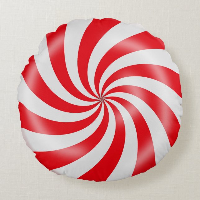 Red & White Candy Spiral Design Round Pillow (Front)