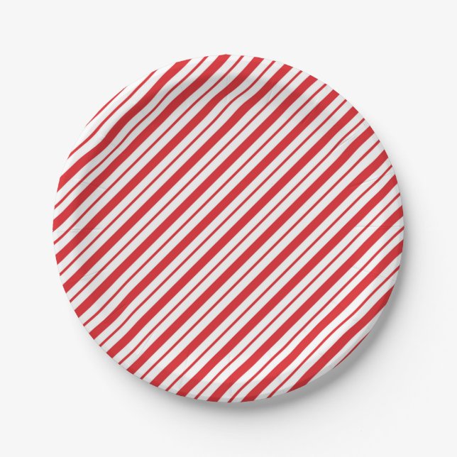 Red White Candycane Stripes Holiday Christmas Paper Plate (Front)