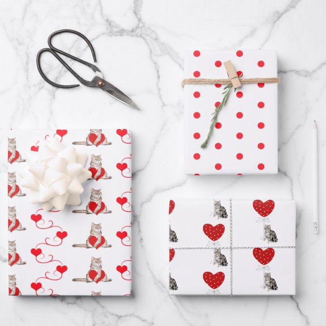 Red & White Cat Assortment of Valentine Gift Wrap (Front)