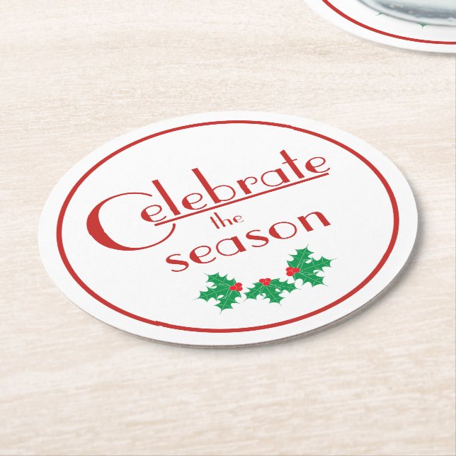 Red White Celebrate the Season Round Paper Coaster (Angled)