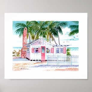 Red White Charming Beach Cottage Watercolor Poster