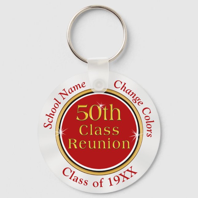 Red, White Cheap, 50 year Class Reunion Souvenirs Key Ring (Front)