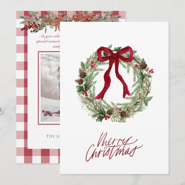Red White Check Plaid Christmas Wreath Bow Photo Holiday Card (Front/Back)