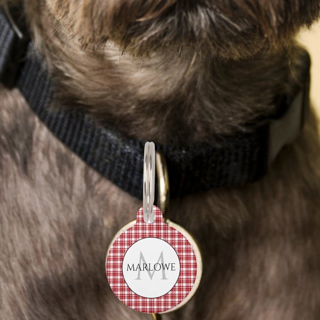 Red White Checks Plaid Monogram Pet Tag (Red White Checks Plaid Monogram Pet ID Tag)